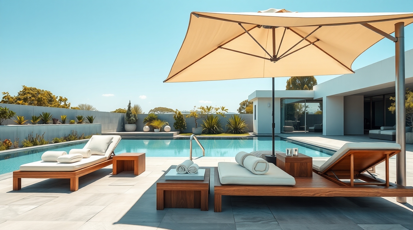 The Perfect Poolside Ensemble Sun Lounges, Umbrellas and Coordinated Accessories